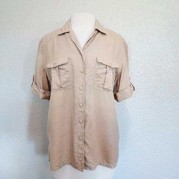 Anna & Frank Tops - Anna and Frank Beige 100% Silk Short Sleeve Button Down Size L